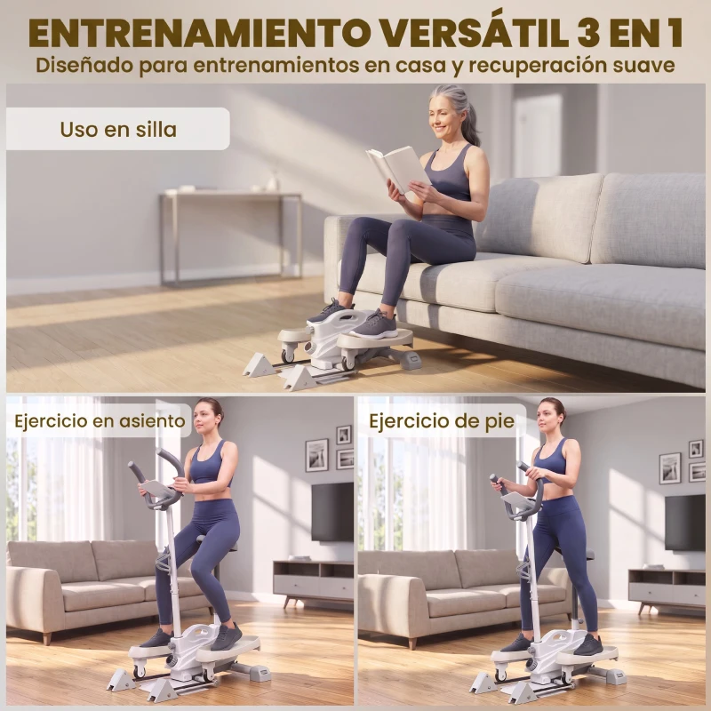 SPORTNOW Máquina Elíptica 3 en 1 Silenciosa con Asiento Resistencia Magnética Regulable Pantalla LCD Compatible con App Blanco