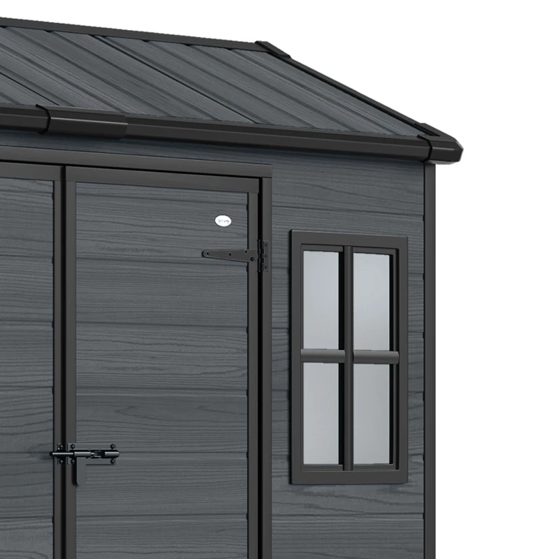 Outsunny 8 x 4 ft Resin Garden Shed, Wood-Effect Outdoor Storage Shed with Floor, Windows, Lockable Doors and Vents, Dark Grey