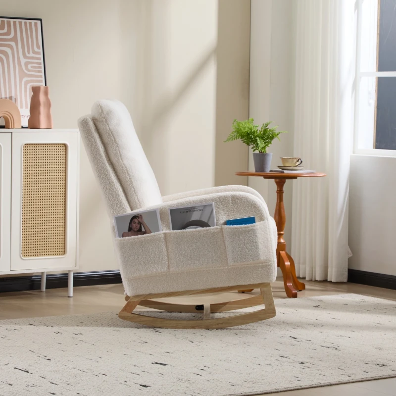 Fauteuil à bascule d’allaitement, dossier haut, tissu teddy, poche latérale, repose-pieds, base en bois courbé, Blanc