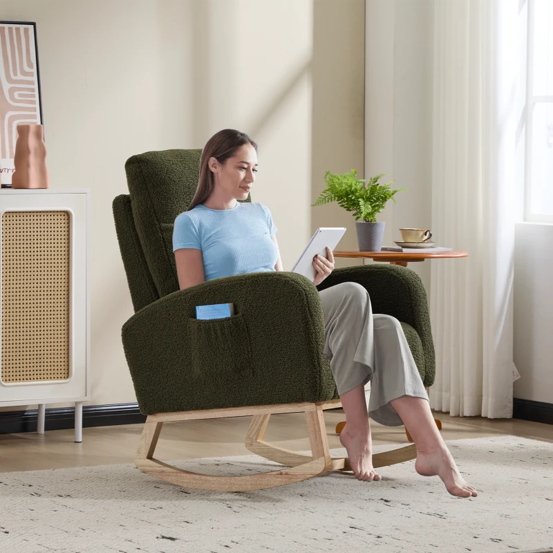 Fauteuil à bascule d’allaitement en tissu teddy, dossier haut ergonomique, base incurvée en bois et poche latérale, Vert