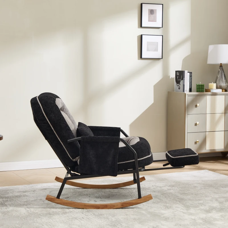 Fauteuil à bascule grand format, dossier réglable, repose-pieds escamotable, coussin rembourré, poches latérales, intérieur et extérieur, Noir+Gris