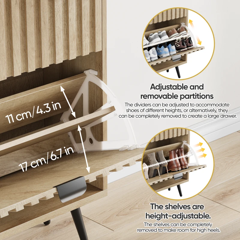 Schuhschrank mit Kippfächern, platzsparend, gerillte Front, freistehend, 60x24x95 cm, Eiche