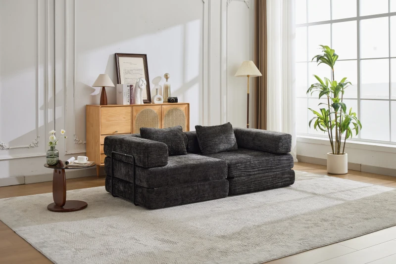 Schlafsofa, wandelbares Bodensofa, modular, Chenille, 200x100x63 cm, Schwarz