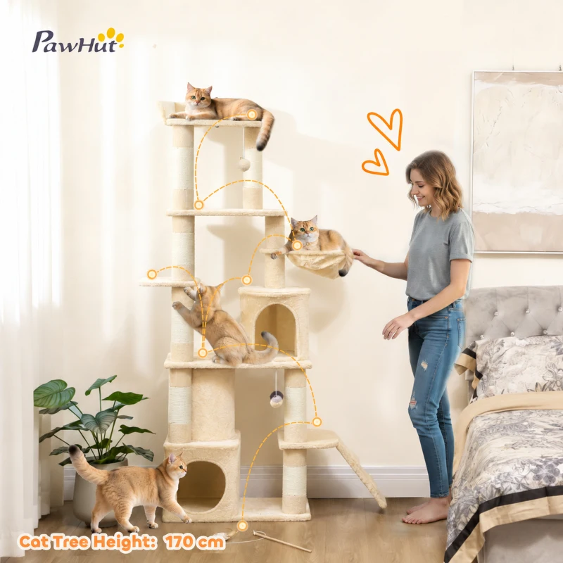 PawHut 170 cm Large Cat Tree, Cat Tower with 7 Scratching Posts, Tunnel, 2 Condos, Hammock, Perch, Ramp, Pompoms, Beige