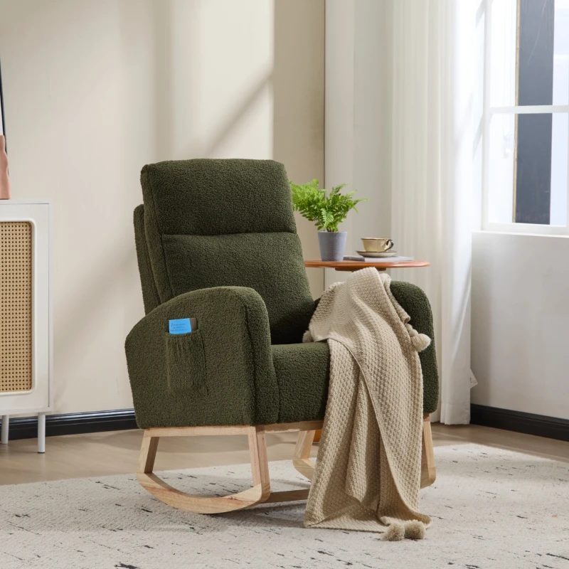 Fauteuil à bascule d’allaitement en tissu teddy, dossier haut ergonomique, base incurvée en bois et poche latérale, Vert