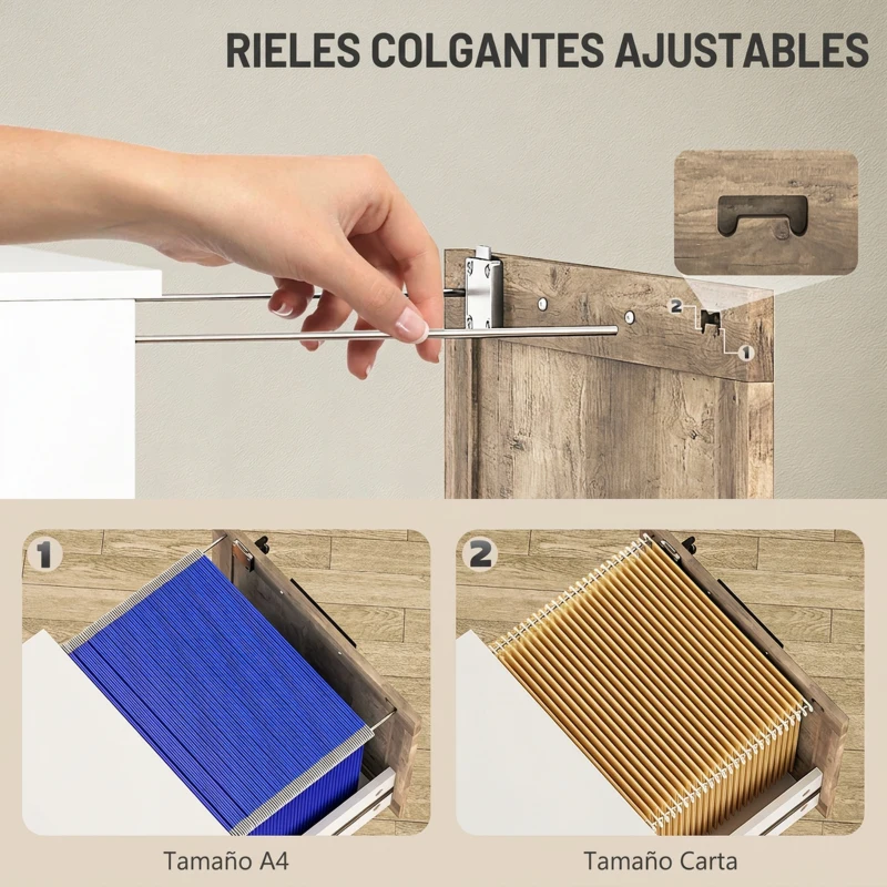 HOMCOM Cajonera de Escritorio con 3 Cajones Cerradura Llaves Barras Colgantes para A4 Carta 39,4x40x98,7 cm Blanco y Madera