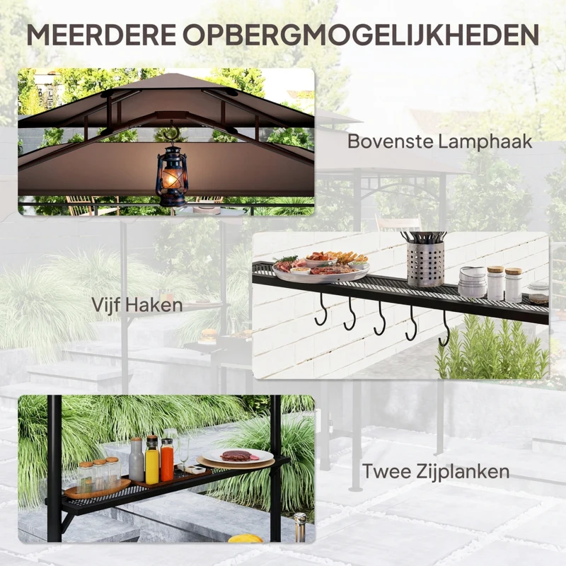 Outsunny Grillpaviljoen 242x149x248 cm Waterafstotend Vlamvertragend Tuinpaviljoen met Dubbellagig Dak Koffie