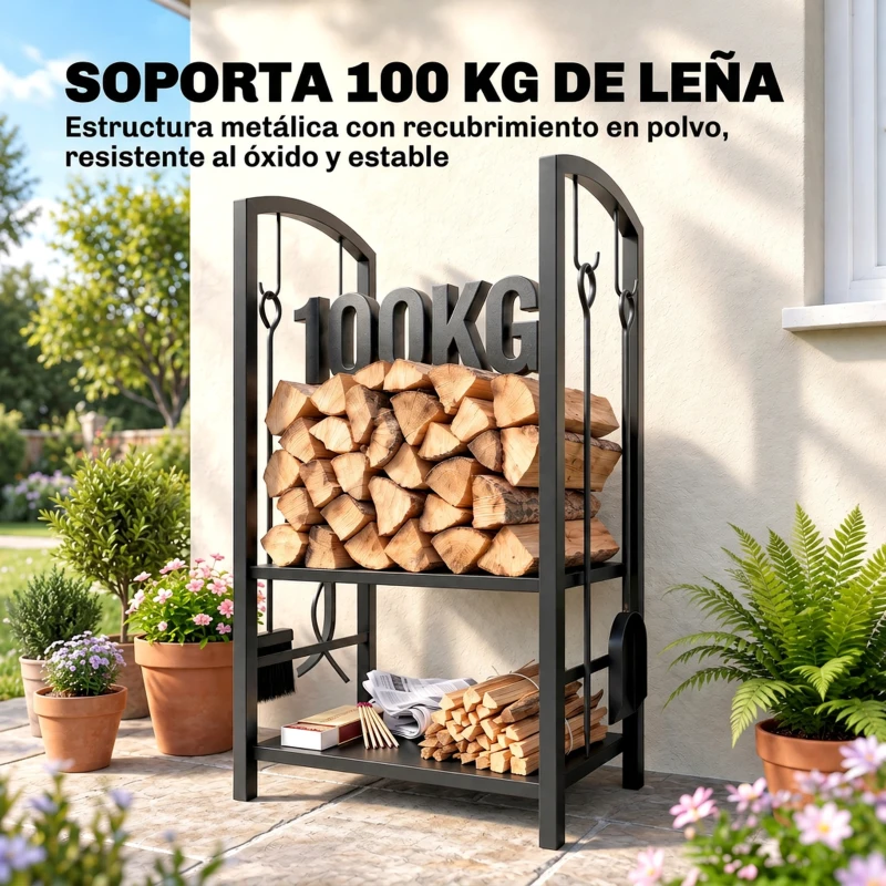 Outsunny Estante de Leña para chimenea Soporte para Leña de 2 Niveles Leñero Exterior e Interior Metálico con 4 Herramientas para Chimenea Carga Máx.100 kg 40x30x74,5 cm Negro