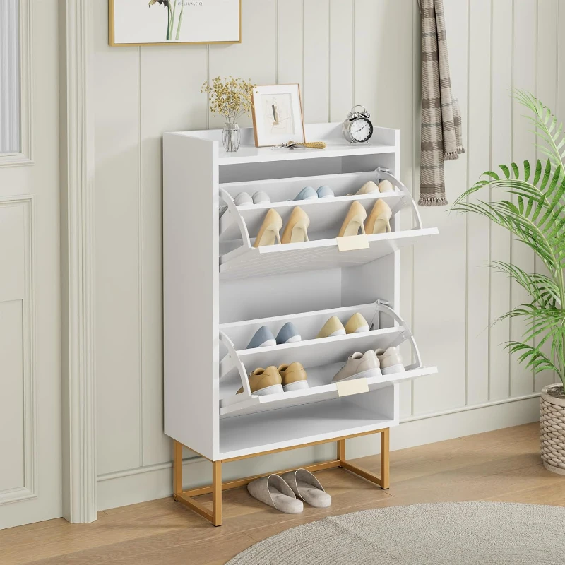 Schuhschrank mit 2 Klappen, schmal, verstellbaren Trennwänden und Kippschutz, 50x24x103,5 cm, Weiß