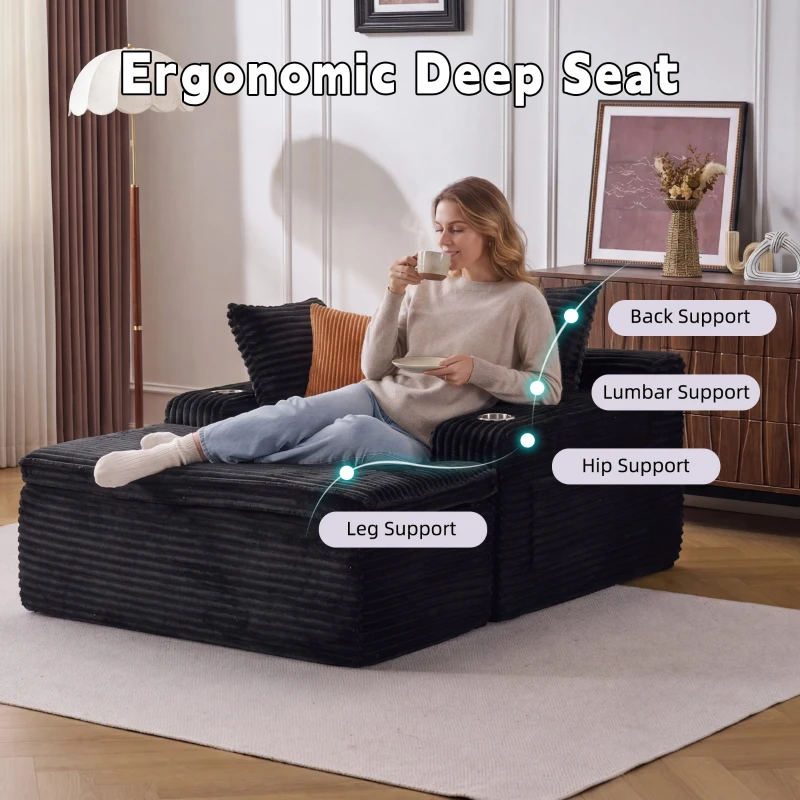 Boden-Schlafsofa mit Chaise-Lounge, hochdichtem Schaumstoff, ergonomischem Design und 2-in-1-Kissen, 165x112x63 cm, Schwarz