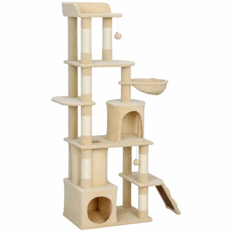 PawHut 170 cm Large Cat Tree, Cat Tower with 7 Scratching Posts, Tunnel, 2 Condos, Hammock, Perch, Ramp, Pompoms, Beige