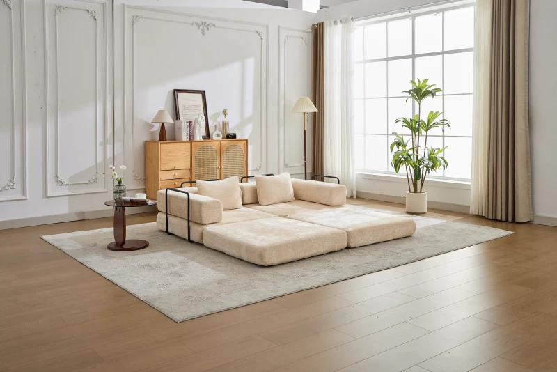 Wandelbares modulares Boden-Schlafsofa aus Chenille, klappbare Sofa- und Matratzenfunktion, 200x100x63 cm, Beige