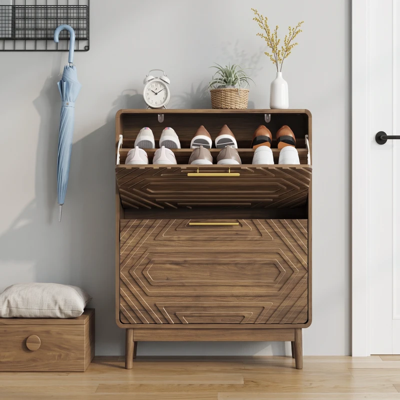 Schuhschrank, freistehend und schmal, mit geprägten Türen, offenem Ablagefach und goldfarbenen Griffen, 60x24x95 cm, Walnussfarben