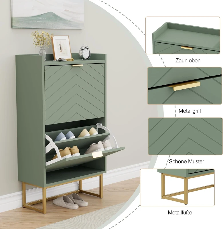 Schuhschrank mit 2 Klappen, schmal, mit Kippschutz und verstellbaren Trennwänden, 50x24x103,5 cm, Grün