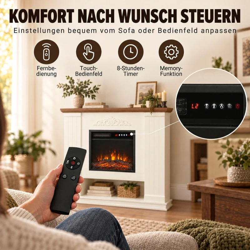 HOMCOM Elektrische haard met schouw en plank, 1800 W, vrijstaand, met instelbaar vlameffect en afstandsbediening