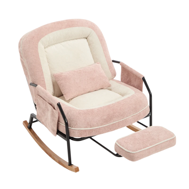 Fauteuil à bascule grand format, dossier réglable et repose-pieds escamotable, poches latérales, coussin rembourré, intérieur et extérieur, Rose