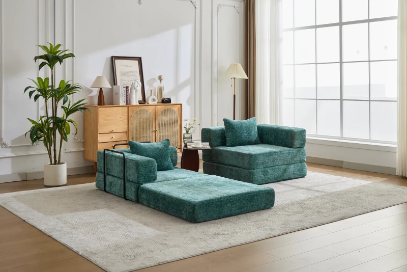 Wandelbares Bodenschlafsofa, modulares Design, Chenillebezug, ohne Montage, 200x100x63 cm, Dunkelgrün