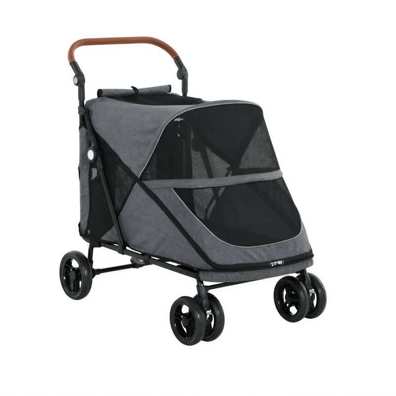 PawHut Poussette pour Chien Pliage 1 Main Suspension Ressort Tout Terrain Double Roues Avant 100x64,5x108cm Gris
