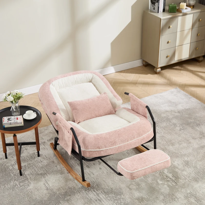 Fauteuil à bascule grand format, dossier réglable et repose-pieds escamotable, poches latérales, coussin rembourré, intérieur et extérieur, Rose
