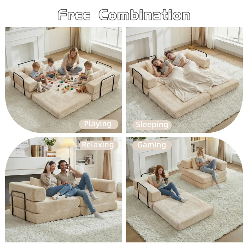 Wandelbares modulares Boden-Schlafsofa aus Chenille, klappbare Sofa- und Matratzenfunktion, 200x100x63 cm, Beige