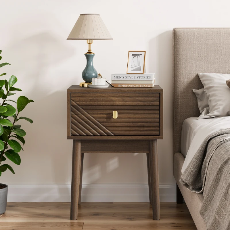 Nachttisch, Mid-Century-Modern-Stil, gerilltes Design und Metallgriffe, 40x40x55 cm, Walnuss