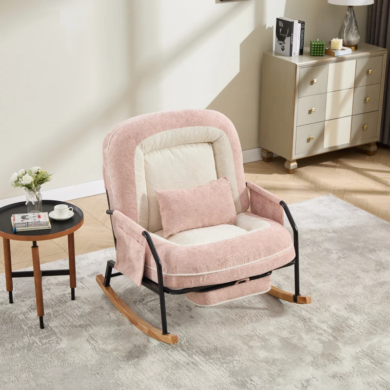 Fauteuil à bascule grand format, dossier réglable et repose-pieds escamotable, poches latérales, coussin rembourré, intérieur et extérieur, Rose