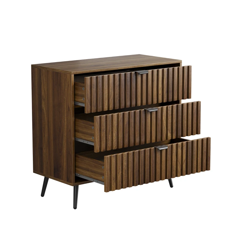 Commode à 3 tiroirs en MDF, poignées et pieds métalliques, style moderne, 80x39x78 cm, Noyer