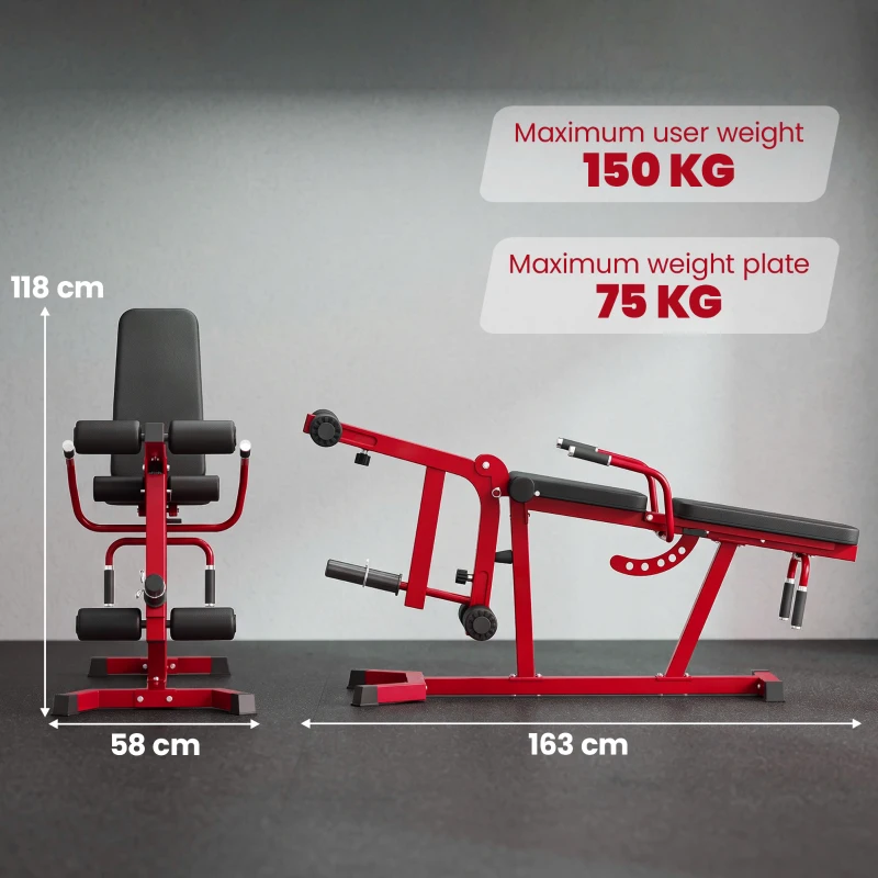 SPORTNOW Máquina de Extensión y Curl de Piernas Ajustable 3 en 1 Carga 300 kg con Carga de Placas para Casa Gimnasio Rojo