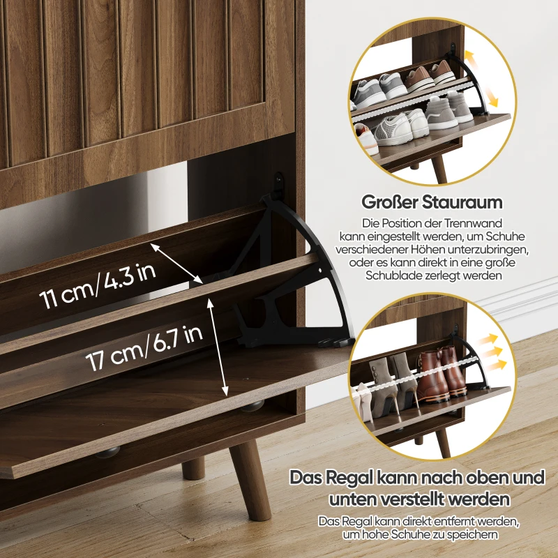Schuhschrank, vertikal gerillte Oberfläche, zwei Kippfächer, offenes Ablagefach, Walnuss
