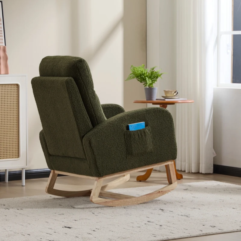 Fauteuil à bascule d’allaitement en tissu teddy, dossier haut ergonomique, base incurvée en bois et poche latérale, Vert
