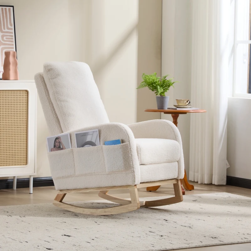 Fauteuil à bascule d’allaitement, dossier haut, tissu teddy, poche latérale, repose-pieds, base en bois courbé, Blanc
