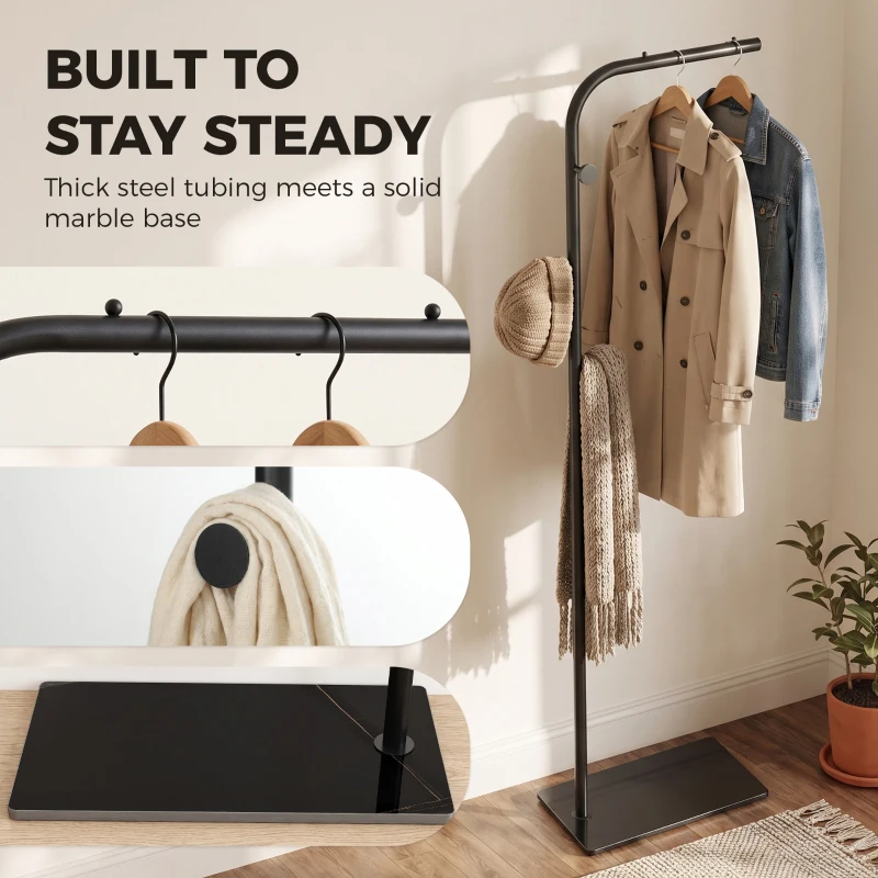 HOMCOM Clothing Rack with 3 Side Hooks, Garment Rack with Marble Base, 45 x 25 x 169 cm, for Bedroom, Bathroom, Black