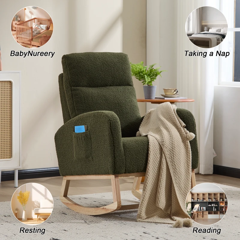 Fauteuil à bascule d’allaitement en tissu teddy, dossier haut ergonomique, base incurvée en bois et poche latérale, Vert