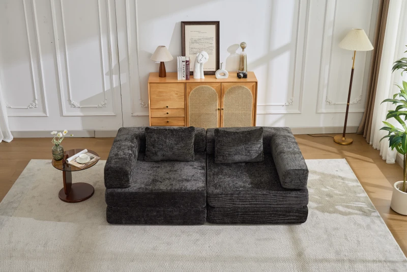 Schlafsofa, wandelbares Bodensofa, modular, Chenille, 200x100x63 cm, Schwarz