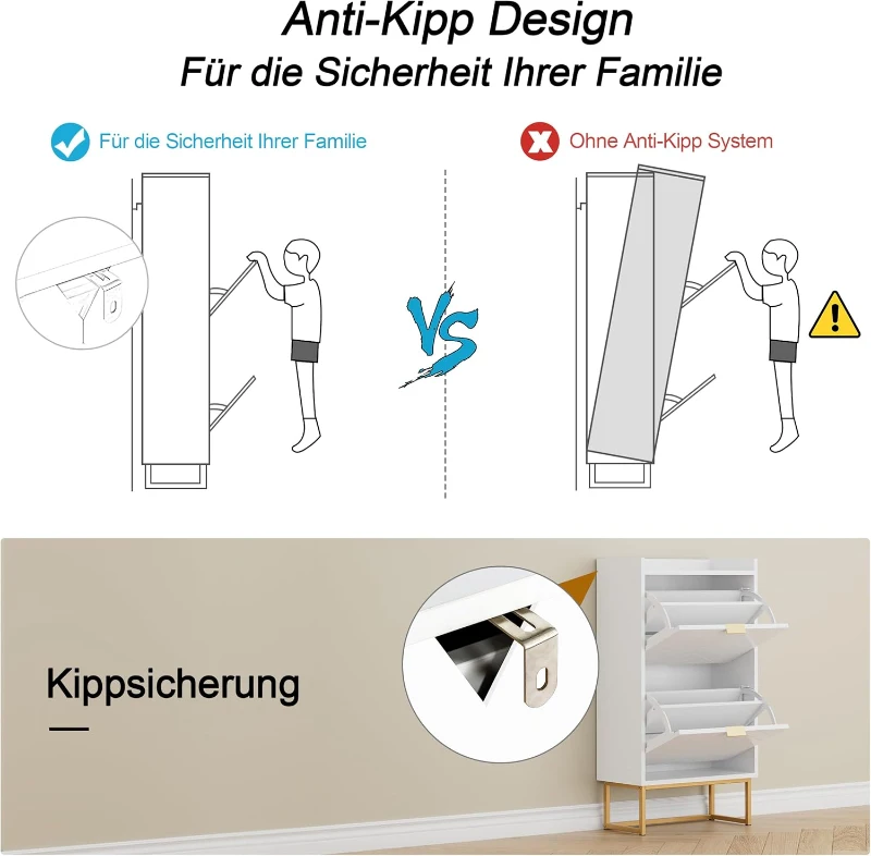 Schuhschrank mit 2 Klappen, schmal, verstellbaren Trennwänden und Kippschutz, 50x24x103,5 cm, Weiß
