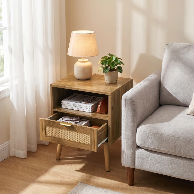 Nachttisch aus MDF mit Rattanfront, offenem Regal und Schublade, Boho- und Mid-Century-Design, goldener Griff, 45x40x55 cm, Walnuss