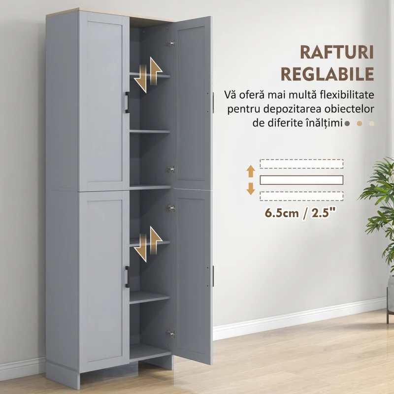 HOMCOM Dulap cămară de bucătărie din lemn cu 2 rafturi reglabile și 4 uși, 60x30x170,5 cm, gri