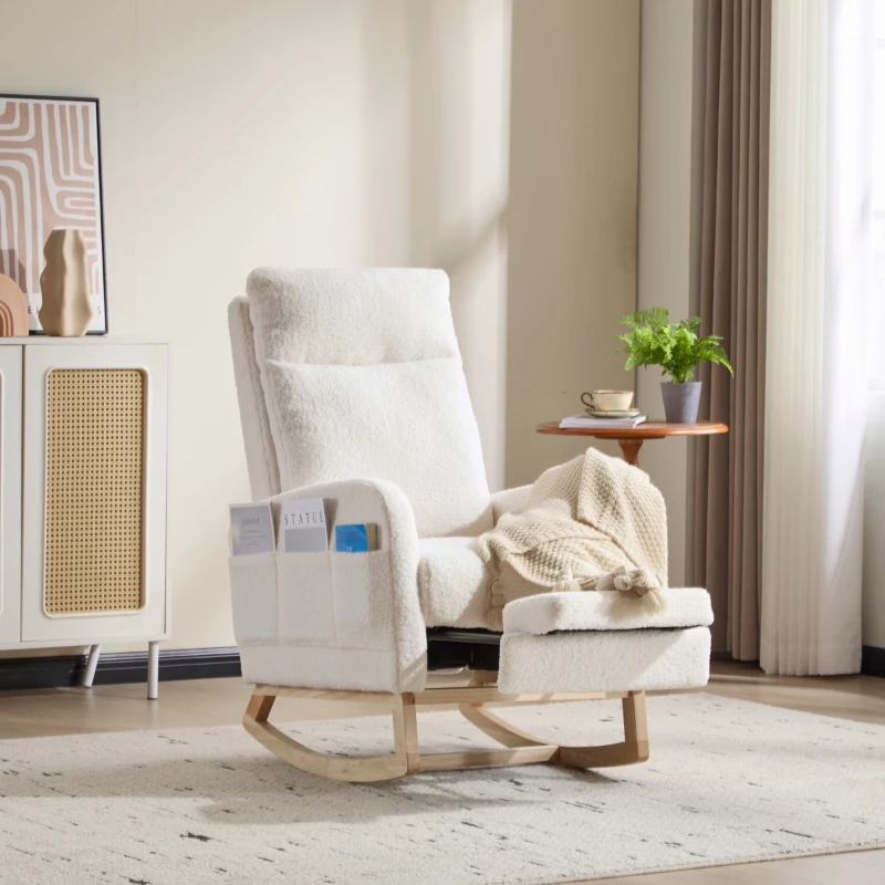 Fauteuil à bascule d’allaitement, dossier haut, tissu teddy, poche latérale, repose-pieds, base en bois courbé, Blanc
