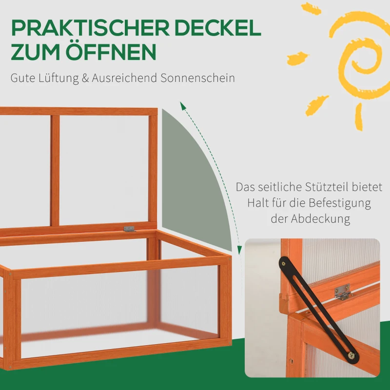 Outsunny Compacte Houten Mini-Kas met Doorzichtig Polycarbonaat Deksel, Oranje 90 x 46 x 40 cm