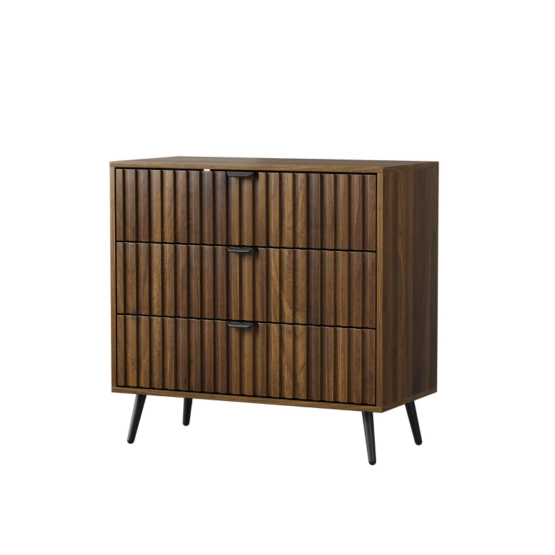 Commode à 3 tiroirs en MDF, poignées et pieds métalliques, style moderne, 80x39x78 cm, Noyer