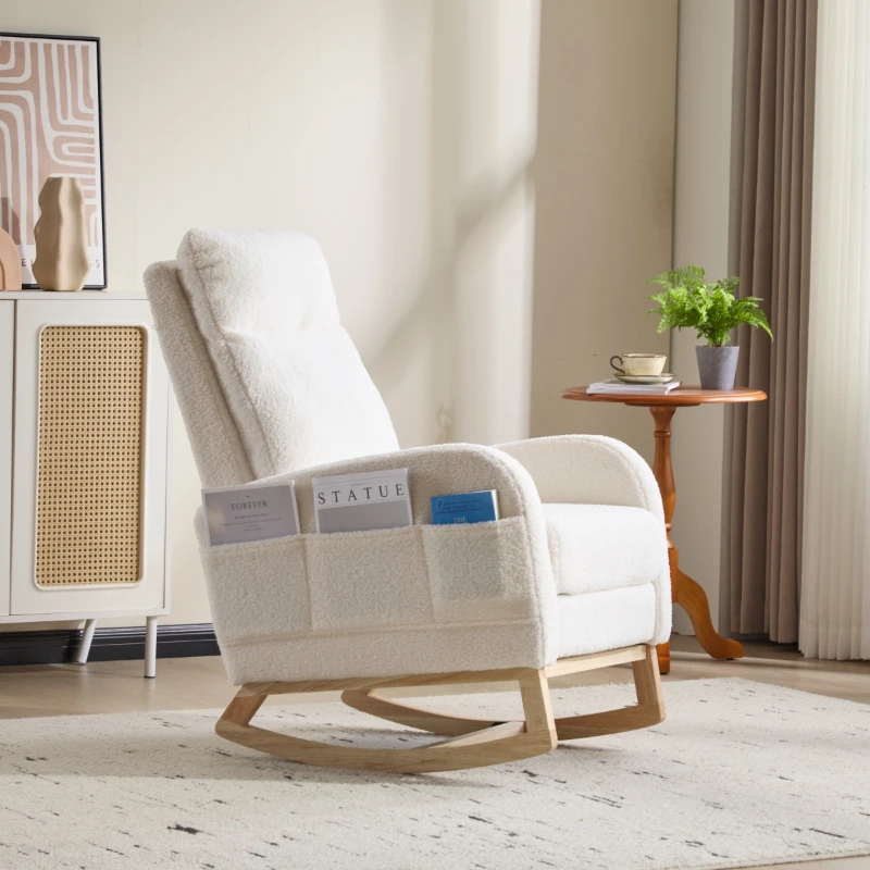 Fauteuil à bascule d’allaitement, dossier haut, tissu teddy, poche latérale, repose-pieds, base en bois courbé, Blanc
