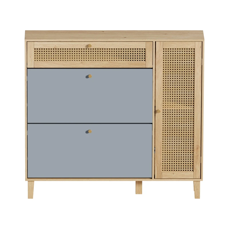 Schuhschrank mit Rattan-Elementen, flexiblem Stauraum und Metallbeinen, 107x24x105 cm, Grau