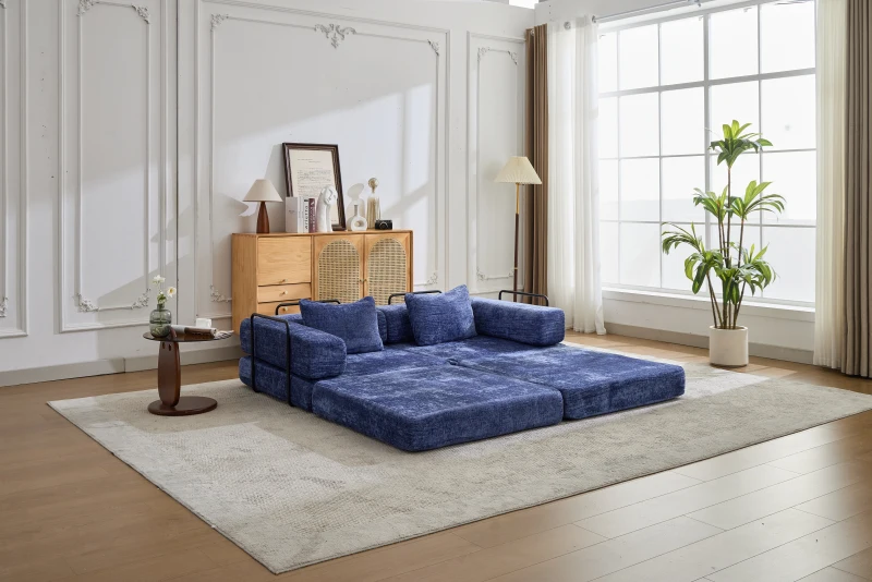 Boden-Schlafsofa, klappbar und modular, Chenille, 200x100x63 cm, Dunkelblau