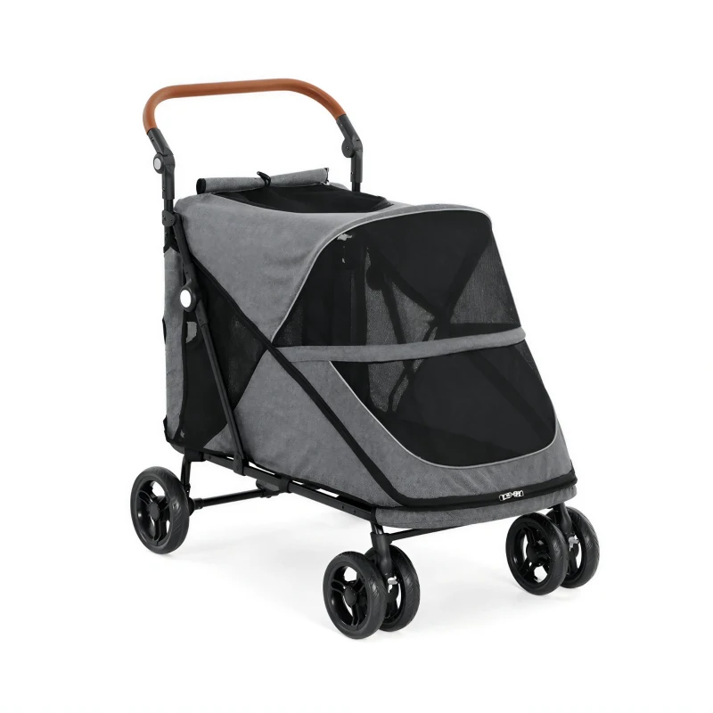 PawHut Poussette pour Chien Pliage 1 Main Suspension Ressort Tout Terrain Double Roues Avant 100x64,5x108cm Gris