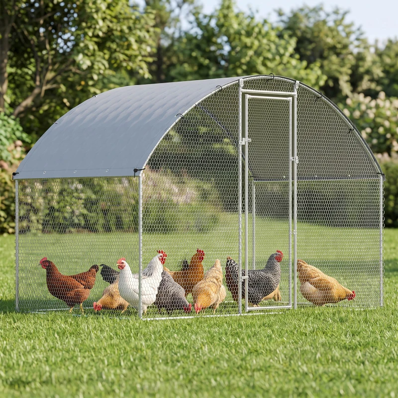 PawHut Pollaio per Galline da Esterno con Tetto Impermeabile e Serratura, in Acciaio Zincato, 2.8x1.7x1.9 m, Argento