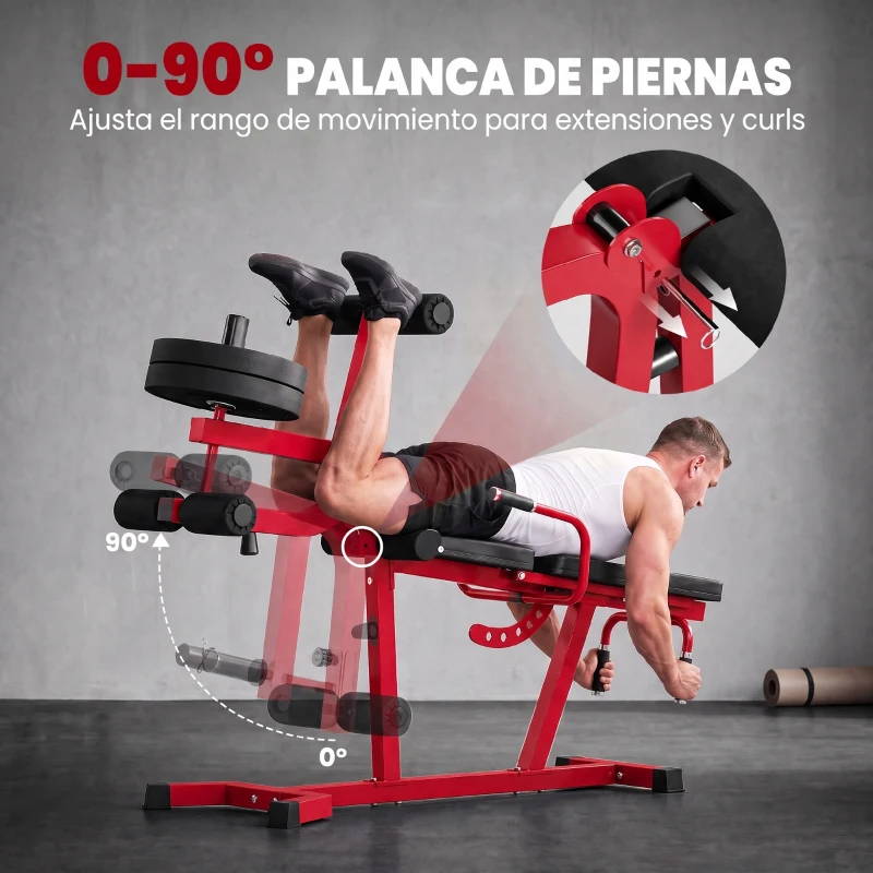 SPORTNOW Máquina de Extensión y Curl de Piernas Ajustable 3 en 1 Carga 300 kg con Carga de Placas para Casa Gimnasio Rojo