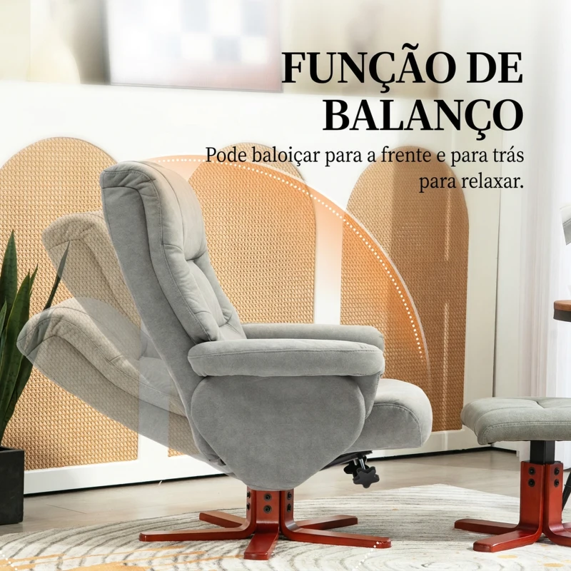 HOMCOM Poltrona Reclinável com Apoio para os Pés Estofada em Tecido Técnico Estrutura de Madeira Função Basculante Cinzento