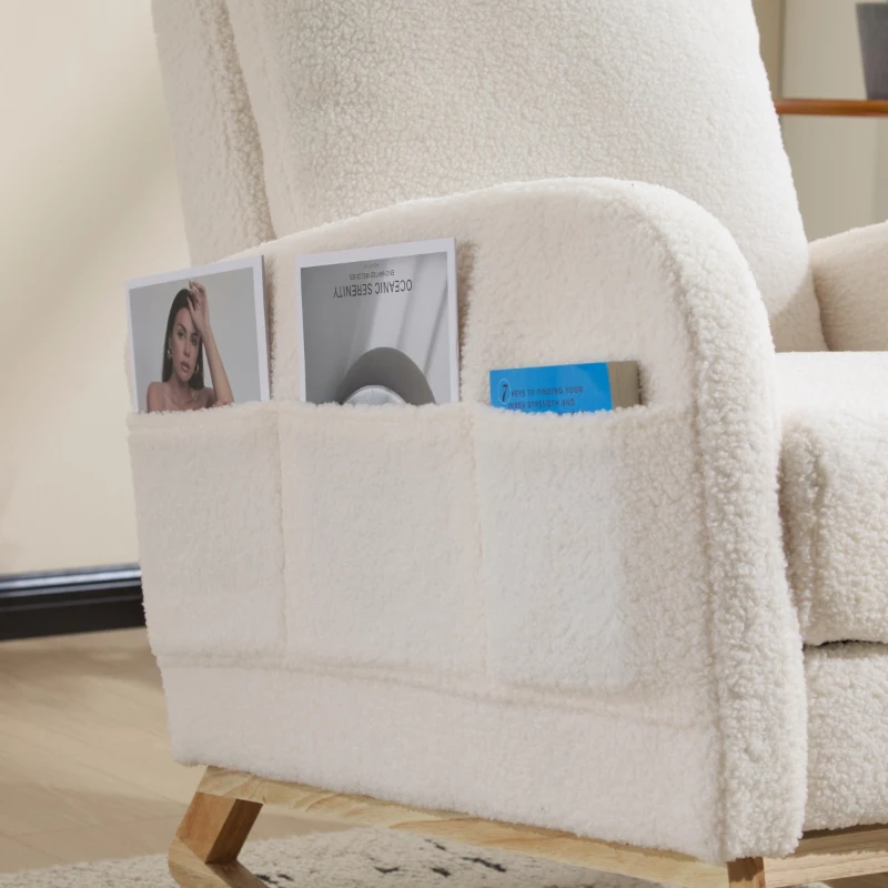 Fauteuil à bascule d’allaitement, dossier haut, tissu teddy, poche latérale, repose-pieds, base en bois courbé, Blanc