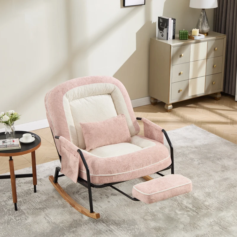 Fauteuil à bascule grand format, dossier réglable et repose-pieds escamotable, poches latérales, coussin rembourré, intérieur et extérieur, Rose