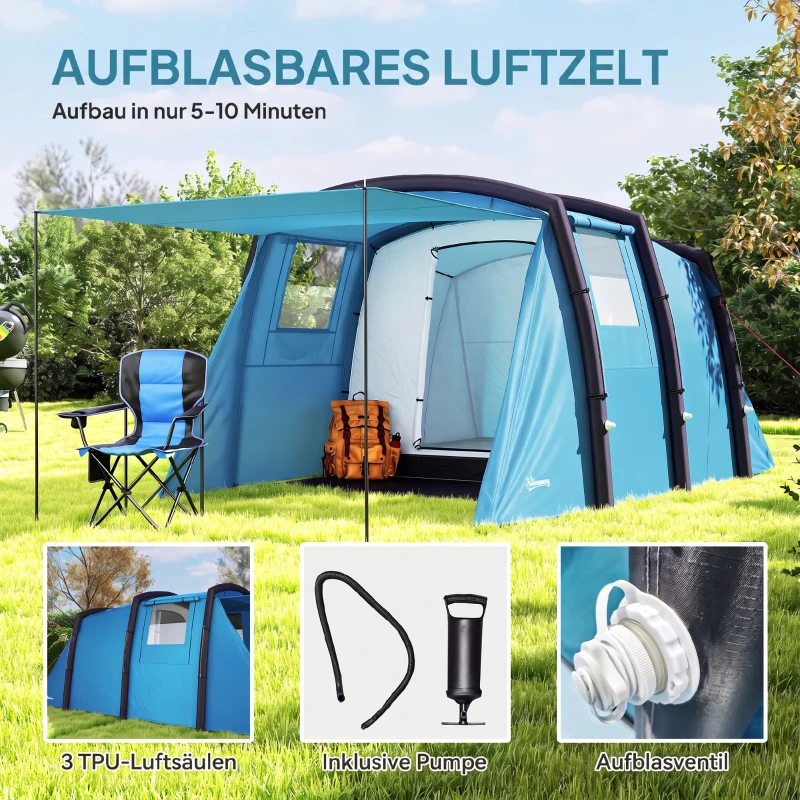 Outsunny Opblaasbare Campingtent 3-6 Personen Outdoor Tunneltent met Zijramen Deur Luchtsteunen 4,4 x 2,8 x 1,95 m Blauw